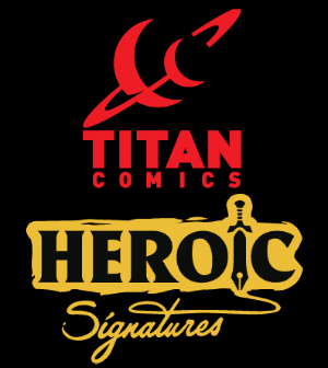 A combination of the logos of Titan Comics and Heroic Signatures. The Titan Comics logo is on top, with a graphic representation of Saturn and its Moon, Titan, above the block text. Underneath it is the Heroic Sinagures Logo, with the word Heroic in block text, where the I is replaced with a sword with a pen nib at its point. The point is drawing out the sword Signatures in cursive.