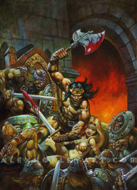 Conan is pictured wielding a bloody sword and axe, with the axe raised over his head. He is in the midset of a crowd of well-armed soldiers assaulting him, and he appears to be rising above the crowd in fierce battle. Next to him is a beautiful woman wearing scant scale clothing and gripping Conan's arm. The soldiers have skulls on their shields, and the group appears to be in a dungeon made of large stone bricks. Fire appears to rise in an arch in the background. Conan seems to be roaring a battle cry, and wears an ornamented crown and waistcloth.