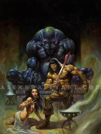 Conan and Zabibi are pictured in a temple, with a huge ape-like statue sitting behind them. The statue's eyes glow, as if it is coming to life, unbeknownst to the heroes. Conan appears to be mid-stride, with a bloody sword held in front of him, and the dancer Zabibi is crouched on the floor, looking astonished and gazing in the same direction as Conan. Conan wears boots, bracers, a belt, and a loincloth, and Zabibi wears bracelets and a transparent cloth at her waist. Around them are braziers emanating misty flames, and stark stone walls leading into pitch darkness in the background.
