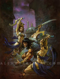 Conan is caught in battle between two regal-looking women with ornate jewelry and revealing clothing. Conan is half-crouched in a dynamic, forward-moving pose, his eyes and scowl focused on the woman in the foreground. He is wearing a scale vest, and a fanged necklace, with a curved sword in his right hand held far behind him, about to swing. The women each wield a khopesh, with the person in the foreground lifting her weapon above her head, her grip reversed, as if ready to stab downward at Conan. Her comrade on the other side of Conan is holding her khopesh in an overhand grip, and is leaping towards Conan, her sword held aloft at the apex of her jump. The scene takes place in a cobblestone alley, and in the distance are opulent domed roofs, pillars, and towers, as if the battle is occuring on the outskirts of a wealthy city at night.