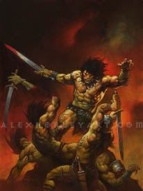 Conan is pictured in a bleak, savage battle, standing atop three vanquished enemies, as a fourth soldier raises their sword against him from below. Conan has just swung his sword, trailing with blood, through the forearm of an enemy, severing their sword-hand. Conan's gaze is downturned and his hair trails to the side, implying the fierce energy of his swing. Each man in the scene is muscular and wears little, and two of them appear to have just fallen. In the background is a twilight sky which appears to be hazy with smoke. The dynamic posing of the fighters gives the image a surreal, macabre mood as Conan destroys his enemies.