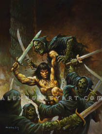 Conan battles five hooded figures, made of writhing masses of insects, in a chaotic scene. The hooded figures surround Conan, and they have skeletal faces, with their physical forms made of insects, worms, and other organic matter, with pieces falling off of them in the struggle. Each of them carries a sword. Conan fights them off, grabbing one above his head, by the neck, wrenching him down, as he raises his foot to kick the chest of another, as a third figure loses its balance. His free arm holds a sword, and he looks angry, looking towards the target of his kick. His hair flies wildly in the struggle, and his clothing is sparse as usual: a fanged necklace, bracers, and a heavy belt with a loincloth. The other hooded figures he is not making contact with are holding out their swords, challenging him. In the background is a tall pillar with a winding, turning design, almost reminiscent of a snake.