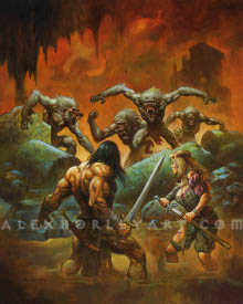 A scene of Conan and a female ally facing down howling monkeys, with the heroes' backs to the viewer. The two of them are standing in knee high water, Conan with his sword drawn, and his ally drawing her sword from a sheath. Conan wears no clothing, save for a loincloth and bracers, with a sheathed dagger behind him. His ally is wearing a quilted shirt with puffy sleeves and torn pants, rolled up above the height of the water. The howling monkeys have huge fangs and red eyes. They are jumping over rubble. The background is a dusty cave, with the implication of a tall, shadowy structure in the distance.
