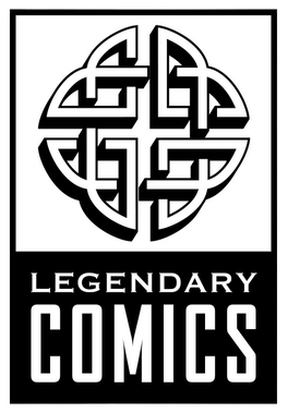 The logo of Legendary Comics. The logo is a circle of angular knotwork, roughly dividided into four sections, with the wrods Legendary Comics in block text underneath.