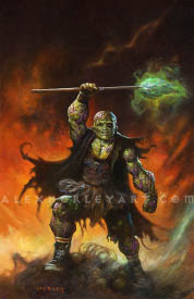 The Toxic Avenger is a muscular man with grotesque skin covered in veins and growths. He holds up a toxic, glowing mop above his head triumphantly, striking a roughly triangular pose with a wide stance. He wears dark, tattered robes and a girls' dress, as well as lace-up sneakers, giving him a strange and surreal outfit to match his appearance. The shape of his face is bulbous and round, with the same growths and extremely weathered appearance as the rest of his body. He stands proudly in an indistinct landscape with rocks and fire behind him.