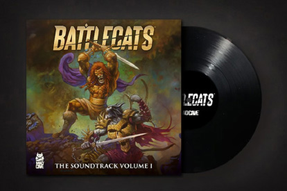 An image of a vinyl sleeve with a vinyl sliding out of the right half, labeled with the Battlecats logo. The artwork on the vinyl sleeve has the Battlecats logo, and depicts two humanoid cats locked in a fierce duel, described in the previous image on this page.