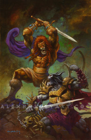 A scene of two humanoid cats locked in a fierce duel. The upper cat raises a sword in both hands above his head, and the lower cat raises one fist and brings a sword back, ready to swing. The upper cat appears more noble, and is modeled after a lion. He wears a modest crown, and a cape secured by a medallion. His chest is exposed and his mane is partially braided. The lower cat, looking more sinister, is styled more after a lynx or snow leopard, and has many spikes on his armor, which is constructed of cloth and bone. His chestplate is made of a huge skull. Both cats have their mouths open, roaring at each other.