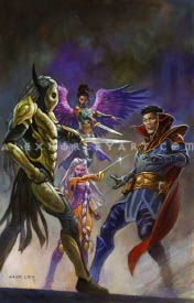 The cover of issue #4 of Doctor Strange (2025). Three denizens of Asgard hold Strange at swordpoint, threatening him, as he flinches backward. One figure is a dark elf with a masked face, one is a winged, angelic woman, and the other is a regal looking woman with a rapier and flowing clothes. Despite their differences, they seem aligned in their contempt for Strange. Strange seems caught off-guard, as if to say he wasn't intending on a fight.