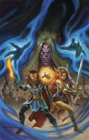 Doctor Strange and Angela stand battle-ready in the center of the cover, artistically framed between the hands of a grinning Vyrbodin and his magic. Vyrbodin, an elven figure, has angular tattoos on his face, long hair, and clawed hands, which are enveloped in dark power. Below him, amidst the swirling magic, are silhouettes of a vicious army, and Strange and Angela in combat stances. Strange holds a glowing, one-handed blade and reaches forward with a mystic hand gesture towards the center of the frame. Angela holds a large sword in both hands, with gritted teeth and golden armor.