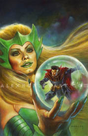 On the cover of issue #7 of Doctor Strange, Enchantress holds Strange inside a crystal ball, held in the palm of her hand. He appears to be trapped, pushing against the sides of the ball, as she looks towards him with pride. Her hair flows majestically through the frame, and she wears a regal green crown and dress, with matching lipstick and nail polish.
