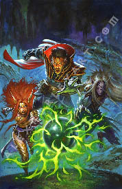 Doctor Strange, Angela, and Vyrbodin are all leaping forward, simultaneously reaching out for a crystal ball surrounded in flaming energy. Strange is in the middle, with his face and outstretched hand lit from underneath by the glow of the mysterious orb. In the background is a watery cave with jagged stalactites.