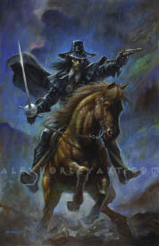 Solomon Kane rides a horse through pouring rain, with a rapier in his right hand, and aiming a gun in his left. He wears a dark leather cloak and a wide brimmed hat with a flat top, which has streaks of rain running from the brim. Only one of his eyes is visible, most of his stern face hidden by shadow, and his dark hair trails in the wind behind him. The horse appears to be rearing up, and Solomon Kane's feet are firmly planted in the stirrups. The background is rocky and indistinct, with dark clouds gathered in the distance.