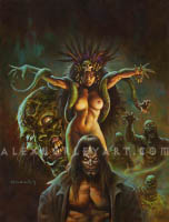 A collage of characters with the VooDoo Queen in the center. She is nude except for a headdress made of bones and huge feathers. Her arms are outstretched, with her hands twisting rhythmically, as if controlling something, as a snake wraps itself around her arms. Around her in the rest of the collage are a decaying zombie face, very close up on the left, and three zombies walking out of the mist on the right. In the middle is a man in a trench coat with a bare chest. He has long hair and face paint of a skull.