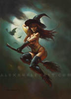 A red-haired witch flying on a broom across the night sky, in front of a full moon. She has green eyes and is smirking at the viewer, and several bats fly behind her. She is wearing black clothing and accessories, but her chest is bare, covered by her arm which is holding the broom.