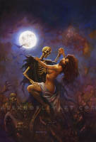A red-haired woman with Stacy E. Walker's likeness and a skeleton dance together under the moonlit sky, as zombies and ghoulish creatures gather below them. The red-haired woman has her eyes closed pensively and leans her head back, with one hand on the skeleton's shoulder. She wears no clothing other than a cloth that is draped around her hips. The skeleton wears a tattered cloak, and holds the woman's other hand up, as a dancing partner. In the sky, bats fly in the distance in front of a bright, full moon.