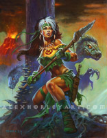 Rogue crouches by a wooden pillar with a spear, wearing tattered fabrics with an X-Men logo showing through, as well as a fanged necklace, and thick gloves. She wears jewelry made of bones, and has voluminous long hair with a shock of white. Two velociraptors peer towards her in the background as a volcano erupts far in the distance.