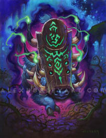 Agamaggan, an Ancient Guardian of Azeroth, is a four-eyed boar wearing a massive carved wooden mask. The wooden mask has intricate, sharp runes set into it, with 3 horns on each side. The horns have their tips covered in wax, with ghostly flame burning at the tops, like candles. The mask, marred with scratches from battle, has 4 circles cut out for his eyes, and he wears horned wooden armor on his shoulders as well. The rest of his form is covered in fur, and he runs through a dark, brambled forest on all fours. He has a thick, luminous aura around his body, with dark treetops visible in the wilds behind him.