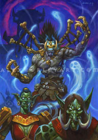Bwonsamdi, a powerful Loa, raises his arms like a preacher to command the spirits of the dead around him. Ghostly, spectral faces rise up from the ground, and undead trolls with glowing eyes stare forward, marching to his command. Bwonsamdi has a bony mask covering the top of his face, and he wears large bones arranged radially, like a sun, on his back. The flesh around his fingers has fallen away, leaving his hands and forearms looking more skeletal than living. He appears to be in his home realm, The Other Side, with swirling, malefic clouds and a looming tower in the distance.