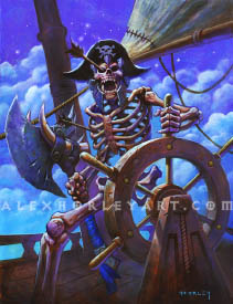 Captain Bonerender is a Skeleton wearing a pirate hat, with an arrow in his right eye socket. His face has a metal jaw bolted to it, as well as spikes over his forehead. In one hand he grips the ship's wheel, with the other holding a heavy metal one-handed axe, which has tusks bolted to its sides. Behind him is a ship's deck, mast, and sail. There is a serene cloudscape further in the background, with stars rising above it.