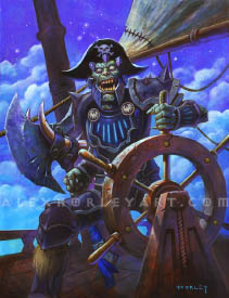 An alternate version of the original Captain Bonerender artwork, which is to the left of this image. In this version, Captain Bonerender has pallid, zombified flesh instead of a skeletal appearance. He wears metal armor and a pirate hat, with sharp metal plates bolted to the sides of his jaw, and spikes on his skull. His fanged mouth is open in an exaggerated grimace. He holds a large, one handed axe in his right hand, which has two horns strapped to its sides, and holds a ship's wheel in his left. His armor is made of large metal plates, with a glowing grille on his chesplate, framed by two medallions with winged motifs. Behind him is a ship's mast and sail, with the deck of the ship below him, and in the background are huge, fluffy clouds with stars shining above them.  