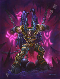 A Nathrezim struggles against a set of chains, one anchored to each wrist and a third set wrapping his wings together. At his feet are huge metal balls, which weight the chains down. His arms are outstretched, and glares viciously at the viewer. Around him is a rocky, spiked environment, and glowing runes in a cave behind him.
