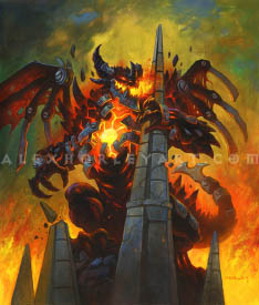 Deathwing, the lord of the Black Dragonflight, stands atop a crumbling roof above a city engulfed in flames. He has thick metal plates bolted to his body, with a glowing core on his chest. His wings and tail are affixed with blades, and he grips a cracked roof spire in one hand, as if about to tear it down. His body is dark and scaly, with glowing, vent-like cracks running alongside his muscles.