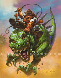 Brann Bronzebeard rides a bucking dinosaur, which looks like a theropod or muscular raptor with shiny green scales. Brann grips the dinosaur's bridle tightly in one hand, a swooshing lasso in the other hand, raised above him. He has one eye open, looking down at the dinosaur and straining. Brann wears leather boots and pants, with a rolled up shirt and a round, flat-brimmed hat on his head. He has a huge moustache, and his beard is braided into three thick sections. The veins in his arms are popping out, showing his effort. The dinosaur's mouth is open, looking at the viewer fiercly, and the reptile appears to be sprinting through a sandy desert, kicking up rocks and dust as it runs.