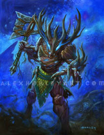 Drustfallen Butcher is a Drust who appears to be changed or mutated, perhaps in undeath. Their body is made of bark, in the shape of a humanoid, with a head that has a jagged grin and elongated eyes, with branches in the shape of antlers on the top. Energy glows from inside the bark, particularly in their eye holes. They are reaching one hand forward, the other hand holding a rough-hewn metal axe, lifted up and ready to swing. The axe is wrapped with rope and small roots, and around the Drustfallen's waist is a tattered leather and scale loincloth. Behind them is a luminescent forest, thick with fog.