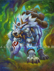 Goldrinn, an Ancient Guardian of Azeroth, is a massive white wolf with braided fur, spiraling tattoos, and ornamental bands wrapping around his braids and forelegs. He has glowing, triangular tattoos near his eyes, paws, and head, and some of the triangular tattoo shapes float above his body, taking form on their own. He has his huge teeth gritted, his snout wrinkled in a snarl, and his eyes are glowing.  Additionally, he wears a necklace of inscribed fangs and a golden crown, shaped like twin bolts of lightning. On his back are additional, thick braids of fur, and he has a glowing aura surrounding him. He stands in a wooded environment, with swirling, colorful mists flowing into the air.