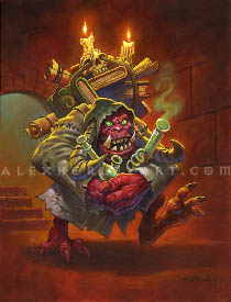 A small, stocky demon enthusiastically carrying an armload of potion flasks, with books strapped haphazardly to his back. On top of the books he carries are a skull with ropes tied through the eye sockets, and candles atop the bones for illumination. He wears a tattered cloak, which has cutouts for his horns, and has clawed feet with three toes. He is pictured running down a dimly lit dungeon hallway, and his mouth is slightly open, with his eyes set forward, focused on his important job.