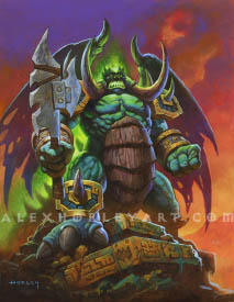Lord of the Ruins is an imposing pit lord standing on Zandalari ruins. Felfire flames burn from his head and back, and he carries a huge, serrated axe, with his other fist clenched. His wings are tattered, and he stands alone above the ruins in front of a sunset.