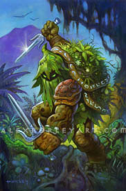 Master Dusk is a masked tortollan brandishing two shining sai, and is camoflauged in leaves, and a mossy shell. His face is obscured in darkness, with only glowing eyes peering out from between a leafy mask. On his overgrown shell there are roots, moss, and leaves, and its outer edge is lined with runes.  He strikes a dynamic pose, with one sai raised high, and the other in a guarding position. His exposed skin outside of his mask and shell is muscular and reptilian, and behind him is a lush jungle, with a mountain and birds flying overhead. His blades glint in the light.