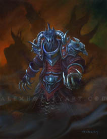 Maw Caster is a sinister-looking humanoid mage, fully clad in armor and cloth, with no skin or bone visible. They wear a horned metal helmet with three vertical slits, and have a skull on their shoulders and belt. Their spiked and angular armor seems empty, as between their upper arms and bracers, there is nothing in between. Their gauntlets are clawed, and they have a heavy metal collar and a scale robe at their waist. In the background are sharp, craggy shapes, indisctinct amidst swirling fog, giving the piece a foreboding, dynamic atmosphere, like the eye of a storm.