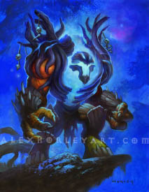 Noisul of the Many Faces is a shapeshifting being, partially reminiscent of a ghostly treant, with a mix of body parts which each give him the partial appearance of a demon, undead, beast, and elemental. His arms are orange, skulls hang on rope from his branches, his forearms appear to have quills, with three-fingered hands, and his feet look like moss and stone hooves. His center appears as a hollow tree, brimming with ghostly light, as his head floats in the middle of the hollow. He appears to have an open mouth and jaw, but it is unclear where his eyes are. Additionally, he has a tattered loincloth between his legs. On his back and shoulders are twisting branches, and in the background is a rock outcropping, which he is standing on, as well as twisting roots and huge trees in the distant gloom. 