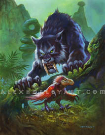 A dark haired sabretooth cat with long fur stands atop a large root, peering down and baring his teeth against a small vulture-like bird who is blissfully unaware of his presence. The sabretooth cat has long, dark claws, and is pictured in a jungle floor. The viewing angle looks upward at the cat, and behind him are large rocks with boulders precariously balanced on top of them.