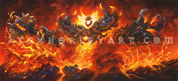 A triple-wide painting of a reimagined Ragnaros, the iconic lord of fire, triumphantly emerging out of a magmatic landscape. He maintains his iconic shape, but with twisted, charcoal-colored roots and vines covering his body and mace. His new armor has huge, twisted horns, and a multi-eyed face carved in the center of his chest. His arms are swung open wide, with his head thrown back, as hot magma splashes violently out of the earth.