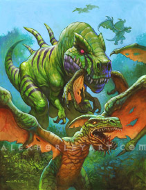 Shokk, Jungle Tyrant is a huge Tyrannosaur with black stripes and spines on his back, with the remains of a pterosaur's wing closed in his jaws. In front of him is another fleeing pterosaur, evidently in grave danger. Around them is a jungle on a bright, tropical day, with proto-drakes soaring in the distance.