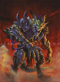 An armored, bipedal dragonkin with thick tubes attached to his armor plates that feed into his body. He has a menacing affect, spiked, riveted armor, and a metal prosthetic jaw. He is standing in a stone room which is reminiscent of Onyxia's Lair.