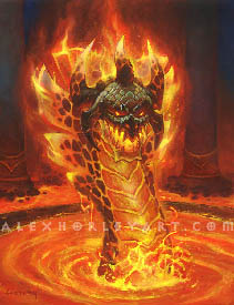 Volcoross is a flaming serpent rising upright out of a pool of magma. He has a segmented body, and sharp frills fanning out behind him. On his head are five horns, two pointing downwards on the sides of his jaw, three pointing upwards, and he has an open, glowing maw, lined with short, sharp teeth. The top of his head is covered in scales, and his horns and frills appear rocky closer to his body, blending into heated, glowing blades at their edges. Behind Volcoross are large stone pillars resting on rocky ground, surrounded by magma.