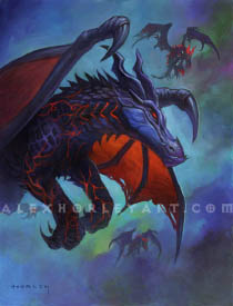 Ysondre, a dragon of nightmare, is a horned, dark dragon with thin red veins of power covering his body. He flies through the air, facing to the right, with 3 skeletal dragons flying alongside him. The tips of his wings have huge talons, and the bottoms of his wings are tattered. His hands have sharp claws and his mouth is closed - he looks focused, his backward-swept horns creating an aerodynamic shape. Behind him and his allies is a foggy sky.