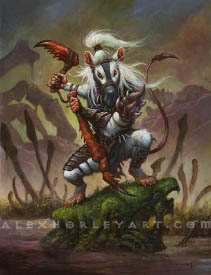 Ink-Eyes is an albino rat with flowing white hair and a long topknot, standing on two legs, wearing scavenged armor from bug chitin. Their face is covered in black cloth, with large spaces cut out for their eyes, secured with rope. In their hands are a set of paired weapons made from chitinous, spiky bug claws. One is a kama with rope wrapped around it, attached by another length of rope to a sharp, spiky leg. They are standing on the mossy remains of a creature in a swamp, with large stalks of bone rising in the background.