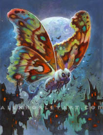 Luminous Broodmoth is a giant white, sparkling, fluffy moth with multicolored wings. One of their wings has a large chunk missing. They have brightly colored antennae with many fine fronds, and large, smooth eyes. They have six legs and four circular colored spots in a row on their body. A glowing bat approaches them in the foreground, and other bats surround them. A spiked, irregular castle is in the background, yet in front of the Luminous Broodmoth, showing the Moth's extreme scale. Behind them is the Moon and a hazy view of the rest of the castle.