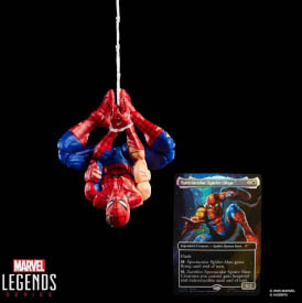 A product photo of a Spider-Man action figure who looks somewhat battle-scarred, with numerous rips and tears in his suit and one of his arms exposed. He hangs upside-down on a thick strand of web, with his feet and hands reaching upward, much like a spider would. In the bottom right of the image is a matching Magic the Gathering card, featuring the same battle-scarred Spider-Man in a different pose.