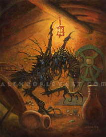 Scarecrow is a foreboding, bird shaped creature made of wicker and gnarled wood, with a beady eye. It lacks wings, and instead has bare wood, shaped like bones, where the wings might have extended from, and tufts of dark feathers matted to its body. It has visible vertebra, and sharp talons, shaped like grasping roots. It is pictured walking through a ransacked home, illuminated only by a warm lantern light overhead.