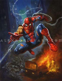 Peter Parker, the first Spider-Man, swings through New York City in a dynamic aerial crouch, looking more battered and grizzled than usual. His suit has numerous rips in it, which is especially visible with a tuft of his hair poking out of the mask, and with one of his arms entirely exposed. He is shooting a web out of his wrist with his traditional gesture, but in his other hand is a round shield made of webbing, with strands of web trailing behind it. Underneath him is a destroyed street, with rubble and a burning bus lighting him from beneath. Skyscrapers rise into the night sky behind him.