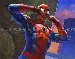 Peter Parker pulls his iconic Spider-Suit mask over his head, completing his change into Spider-Man in a hidden alley, ready to spring into action. His stance is confident, and a light from overhead illuminates his musculature under the suit. A city at sunset is visible in the background.