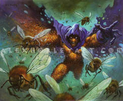 Swarm, Being of Bees is a collective of thousands of bees arranged to form a humanoid shape. Swarm wears a tattered hood and cloak, with the cloak and swarms of bees spreading out dynamically around him, surging towards the viewer. The bees forming his body are small shapes in the frame, but the bees closer to the viewer are fully rendered in detail, with shiny eyes and fuzzy bodies. Below his hood, he has glowing eyes and appears angry as he sends forth the Bees which make up his Being. One of his arms is spreading out into a cloud of bees, breaking the illusion of his humanoid shape.