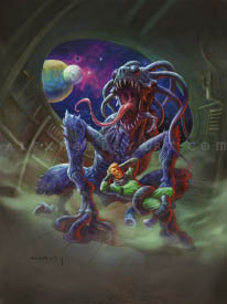 A fleshy, alien fiend bellows an otherworldly wail as it grips a vulnerable human in its clutches. The human is covering their ears, appearing pained by the sound. The alien is vaguely humanoid, but has a crouched posture, arms which bend backwards and terminate in fingers with round suckers, and its enlarged head is utterly alien. It has a long tongue, gleaming black eyes, a toothy maw, scaly skin, and tentacles trailing behinds its head. The scene takes place in a dusty, destitute hull of a spacecraft, with a round window in the background showing multiple planetoids with a nebula around them.