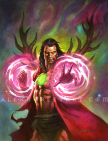 Agamotto reaches one hand towards the viewer, with another pulled back, both hands enveloped in swirling energy. He wears a glowing amulet across his bare chest, and otherwise only wears a cloak and loincloth. He looks approximately middle aged, and has long hair and a short, pointed beard. His heavy brow is furrowed as he looks forward, determined. On his back are huge, twisting antlers, and in the background behind him is a starfield with swirling nebulae.