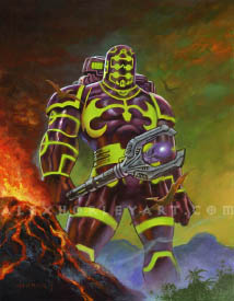 Eson stands up straight, towering over a burning volcano, showing his gigantic scale. His whole body is shrouded in a smooth suit with glowing, circuit-like patterns running across it, and his smooth, domed helmet has a 6 circular eye shapes looking forward. He holds a large metal staff with a gem-like focus at its end. He also wears a large backpack, with a battery-like indicator. Around him are flying Pterodactyls, and a rainforest comes up around his ankle, showing his height. Smoke from the volcano trails behind him.